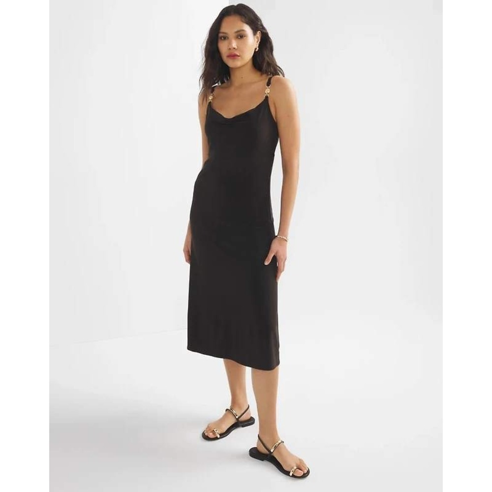 White House Black Market Women 6P Sheath Dress Black Cowl Neck Gold Medallion